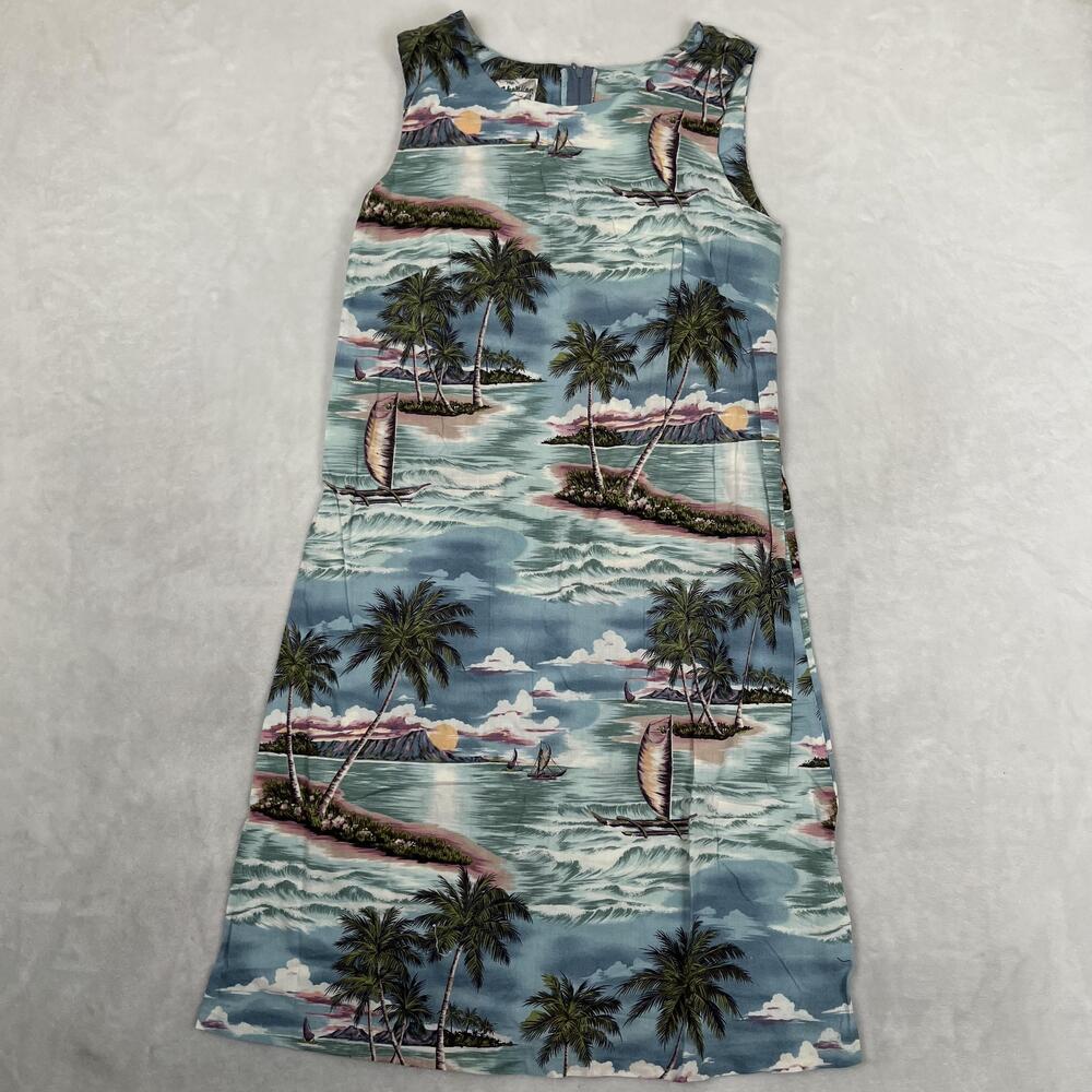 Hilo Hattie Sundress Womens 8 Blue Hawaiian Scenic Sleeveless Scoop Neck Zip